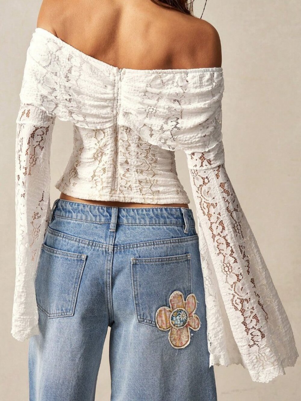White Casual Women's Lace Off Shoulder Bell Sleeve Ruffle Detail Blouse - Picture 2 of 5